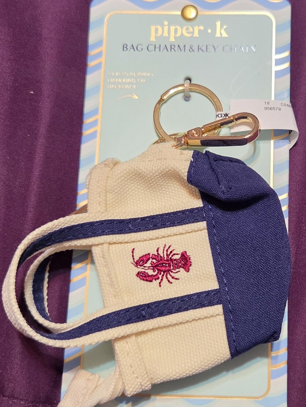 piper•k Navy & Cream Lobster Embroidered Mini Tote Keychain